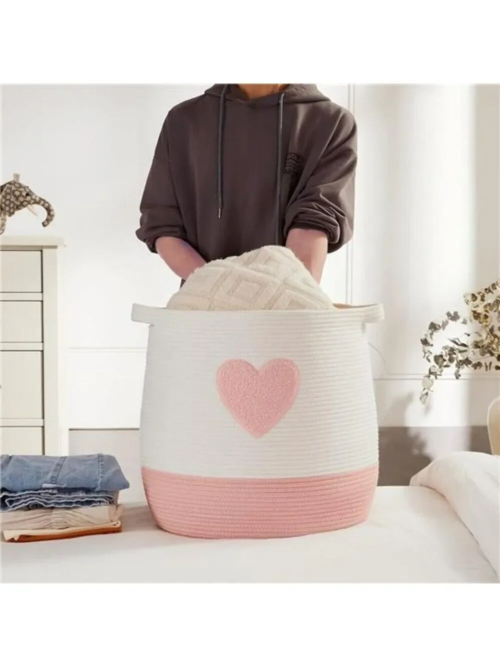 Large Pink Cotton Rope Laundry Basket Hamper Woven Storage Bin for Toys Blanket